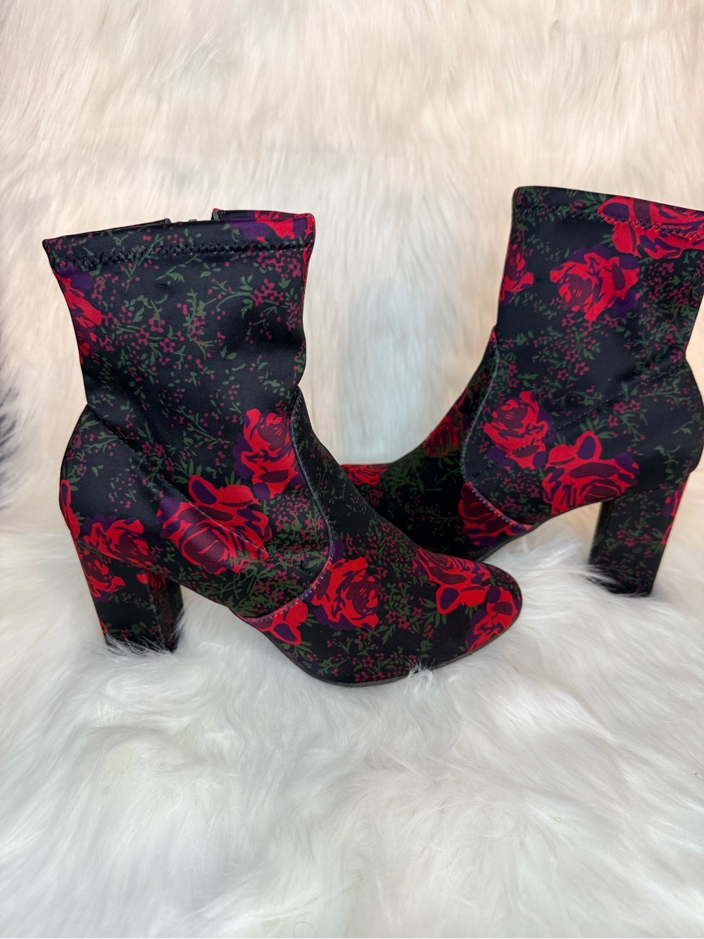 Floral Red Rose Block Heel Ankle Boots - Women's Fashion